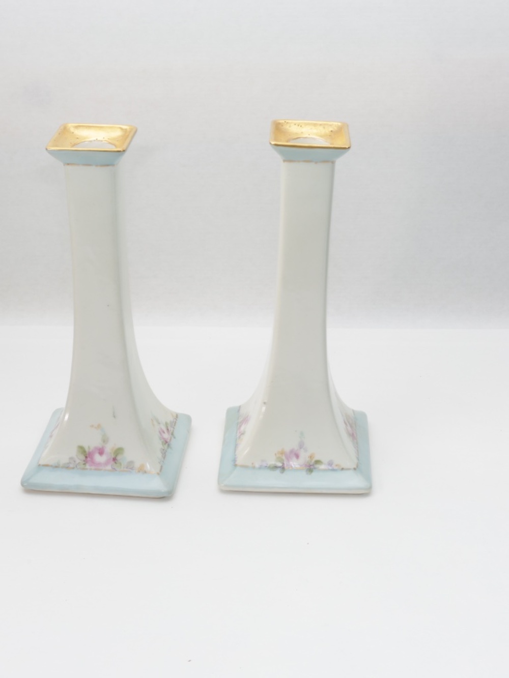 2 Limoges Floral Candle holder Hand Painted Blue France Decor